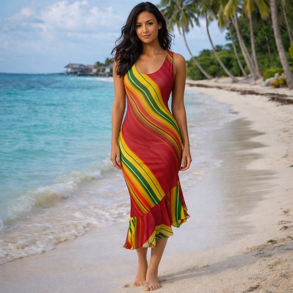 Vintage Dresses & Skirts - Vintage Y2K Resort Dress Phoebe Artsy Beach Neon Rainbow Stripes Vacay Jamaica